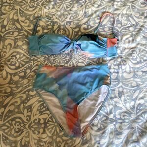 Blushing Brunette Blue Watercolor High Waisted Bikini size L